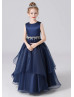 Navy Blue Satin Organza Gorgeous Flower Girl Dress